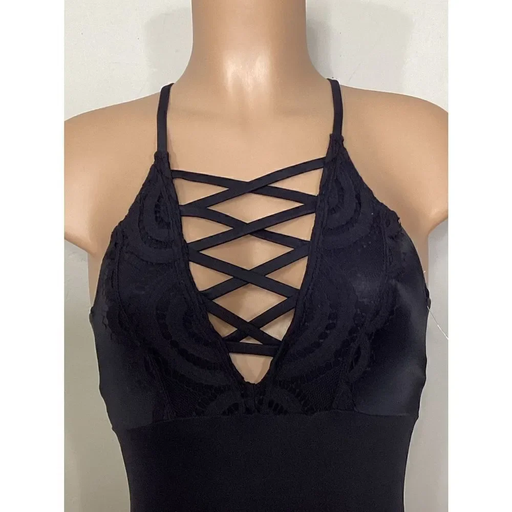 New. Pilyq LACE front with black lace trim swimsuit. Run small